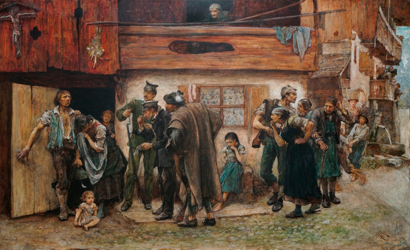Aquarell mit Szene der Festnahme eines Wilderers vor einem oberbayerischen Bauernhaus.
