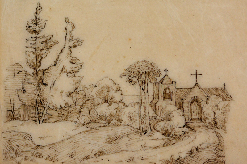 Bleistiftzeichnung von Landschaft mit Kirche