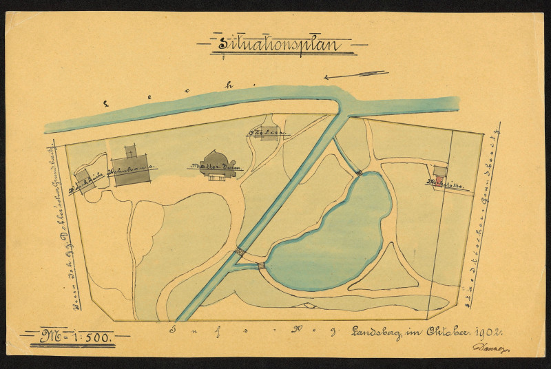 Planzeichnung des Herkomer Parks mit Lage von Gebäuden, Gewässer, Grünflächen und Wegen von Oktober 1902