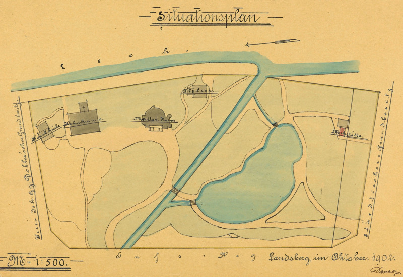 Planzeichnung des Herkomer Parks mit Lage von Gebäuden, Gewässer, Grünflächen und Wegen von Oktober 1902