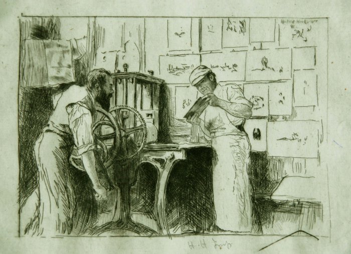 Hubert von Herkomer und Peter Herkomer an der Handpresse