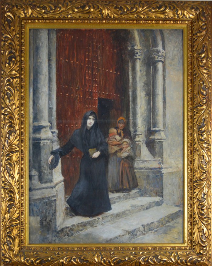 Spanische Frau beim Weggang von der Kirche - Spanish woman