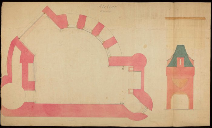 Grundriss und Ansicht des Ateliers mit Kamin
