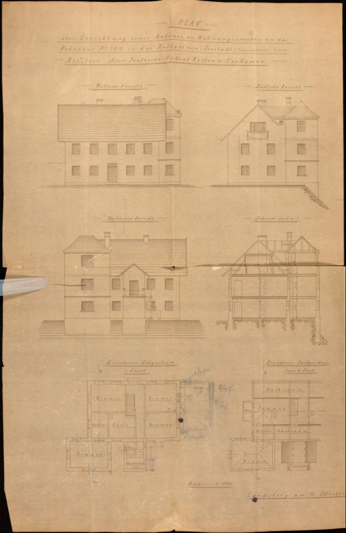 Bauplan von Herkomers Wohnhaus mit geplantem Anbau