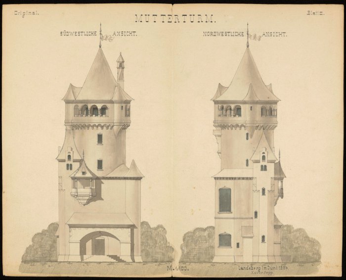 Plan zur Erbauung eines Verbindungsganges zwischen Mutterturm und Wohnhaus