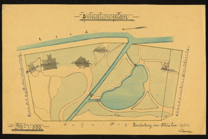Längsschnitt und Plan der Teichanlage auf dem Herkomeranwesen