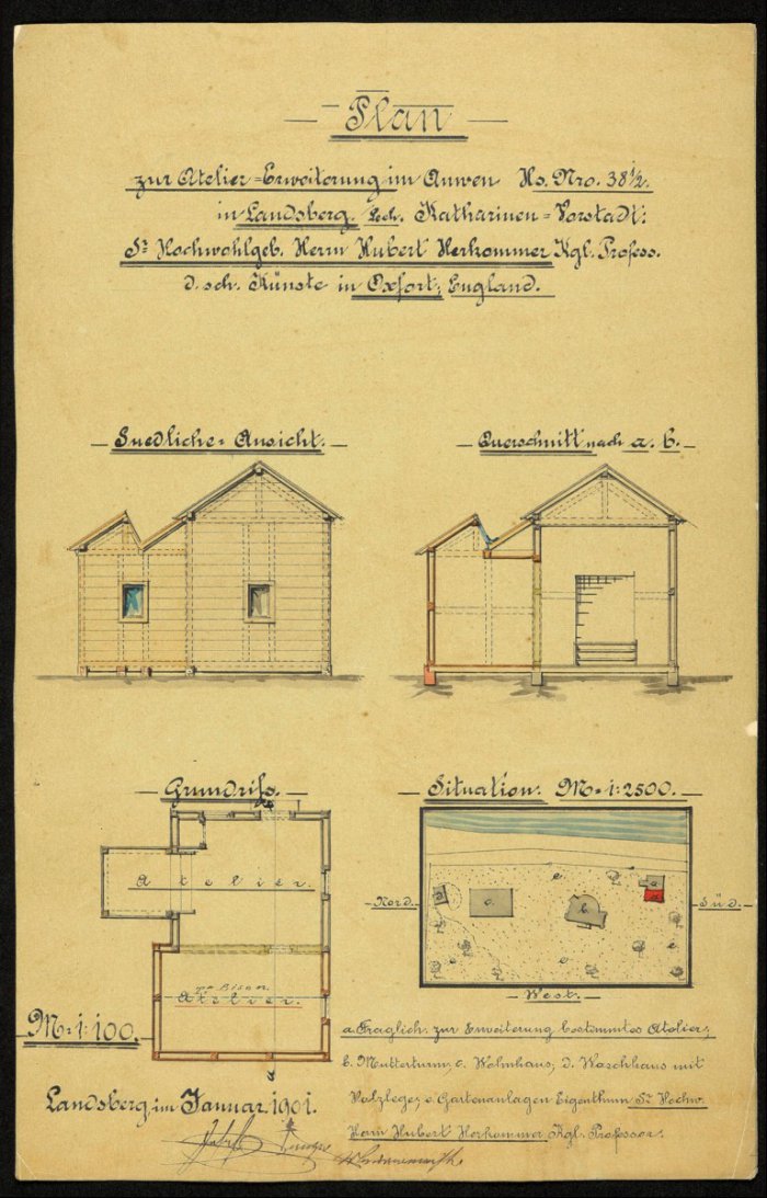 Bauplan zur Atelier-Erweiterung im Herkomer-Anwesen