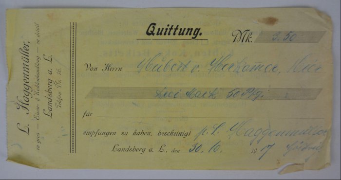 Quittung der Eisen- und Kohlenhandlung Haggenmüller