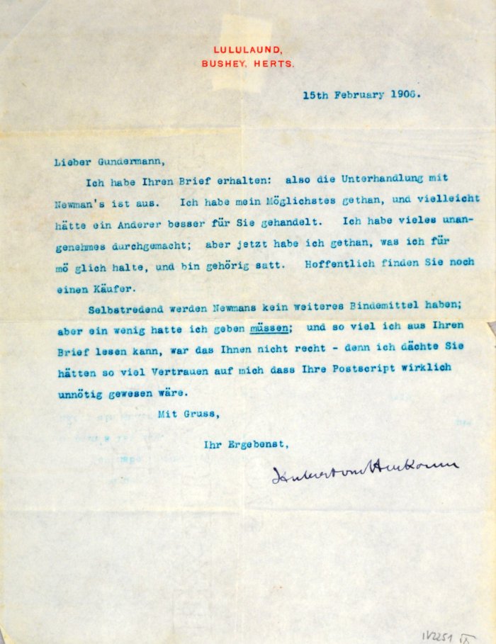 Geschäftliche Korrespondenz zwischen Herkomer und Gundermann