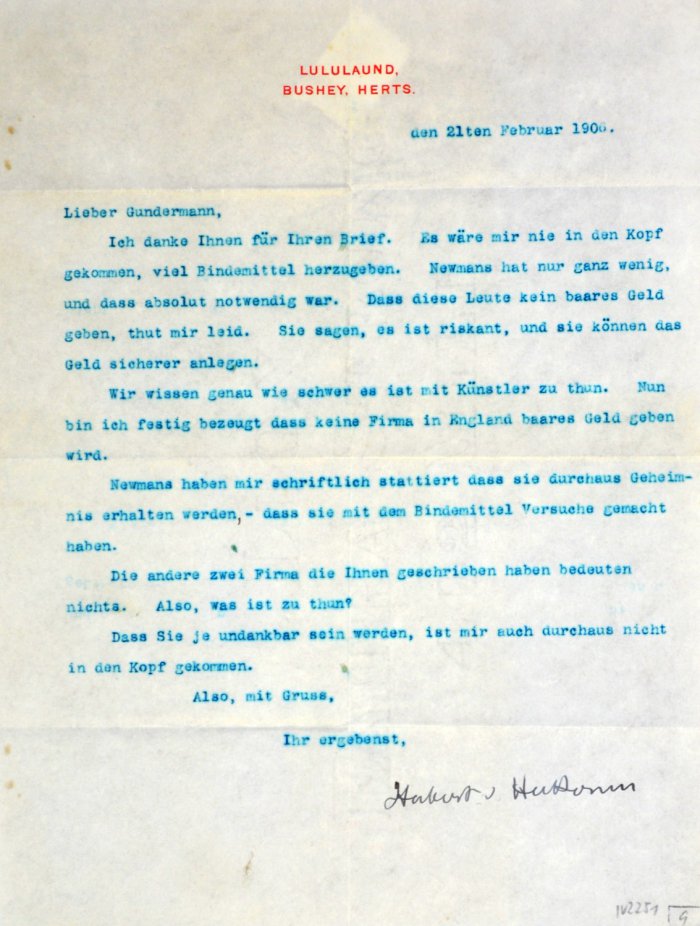 Geschäftliche Korrespondenz zwischen Herkomer und Gundermann